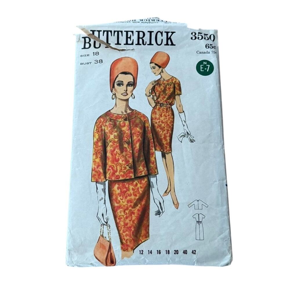 Vintage 1960s Butterick Sewing Pattern Dress Jacket Mid Mod Size 18 Chest 38 Cut